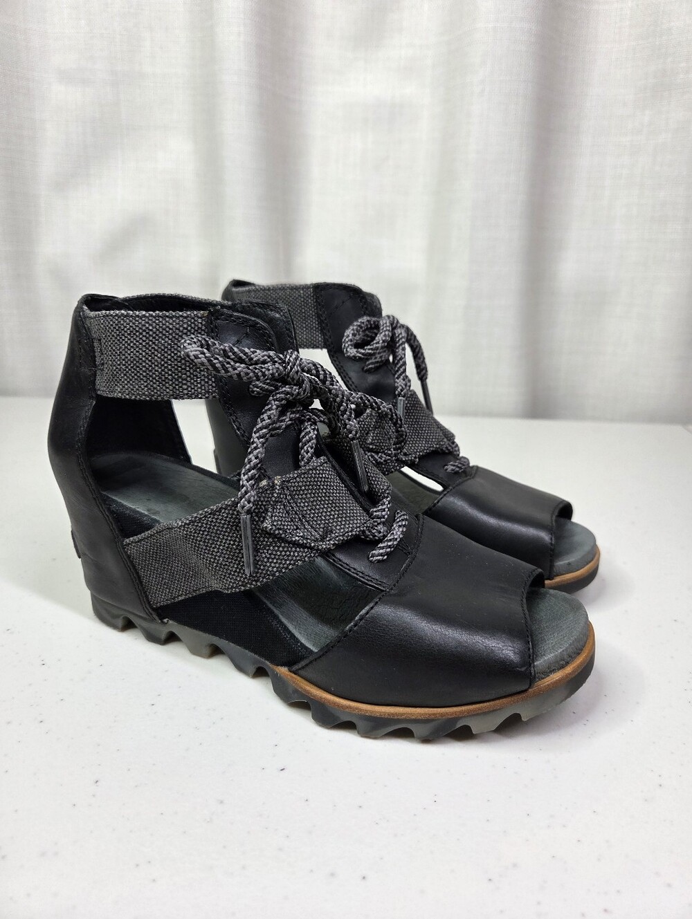 Sorel Joanie Leather Lace Up Wedge Sandals Women's Black Open-Toe